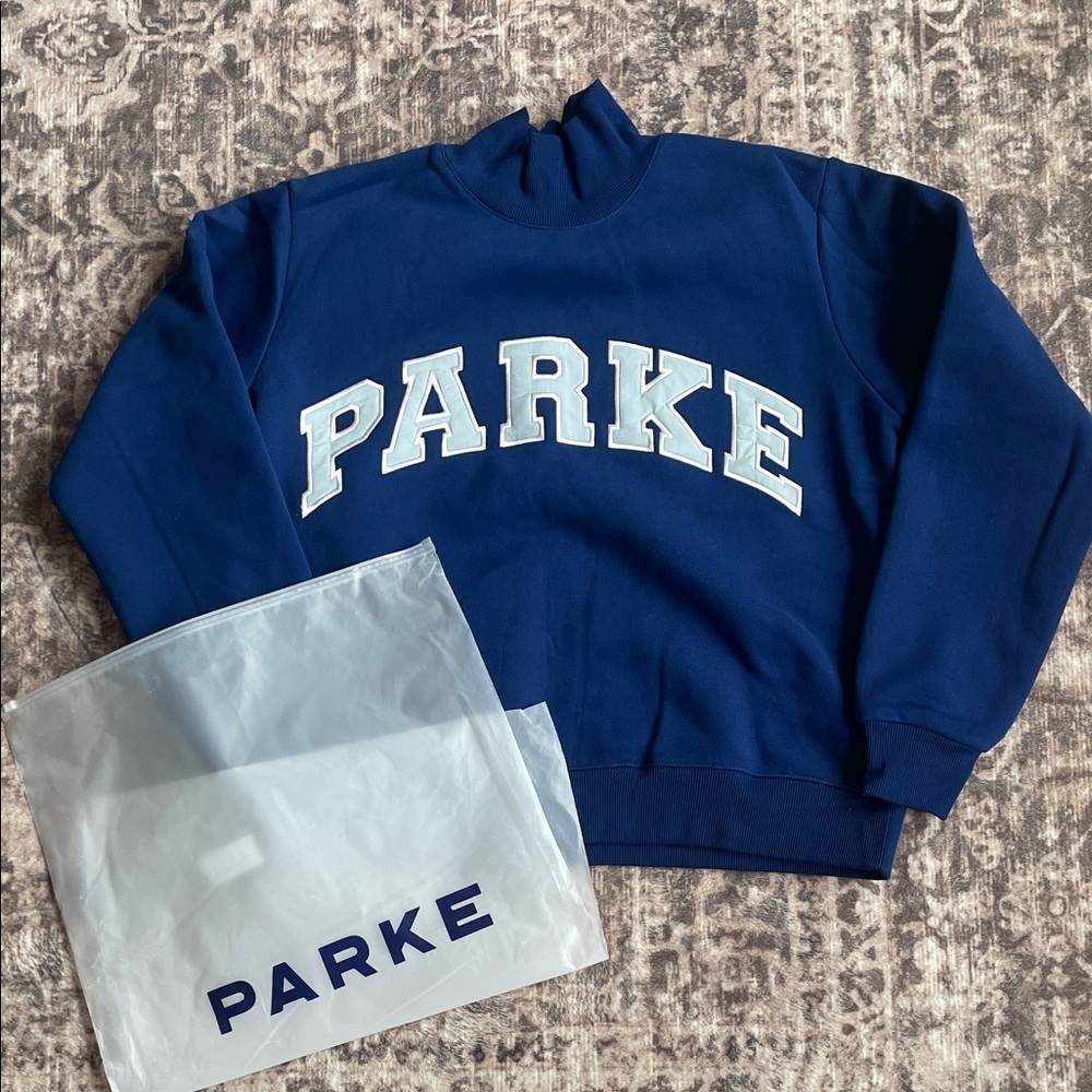 NWT PARKE Navy Blue Holiday Varsity Sweatshirt/Turtleneck